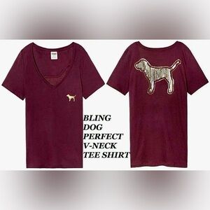 NEW 🌟 Victorias Secret VS PINK BLING Perfect V Neck T Shirt SEQUINS DOG Medium